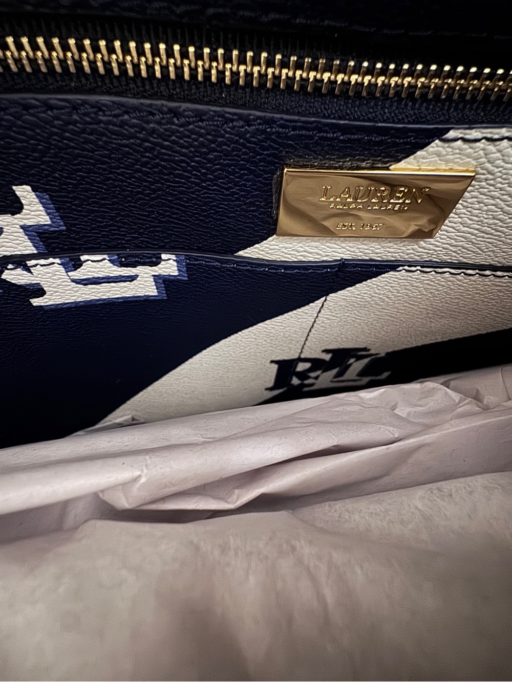 Women Ralph Lauren Navy White Monogram Large Collins Summer Nautical Stripe Tote - Picture 7 of 8